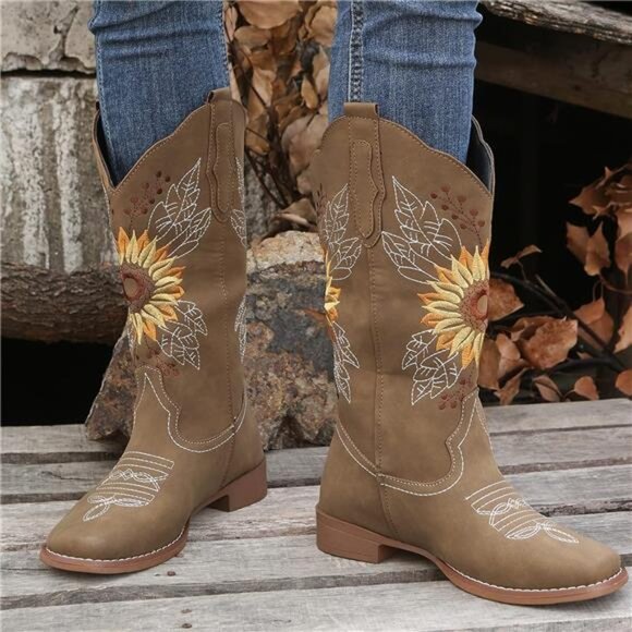 NEW Women's Sunflower Cowgirl Boots, Square Toe Western Embroidery Mid Calf - Picture 6 of 7
